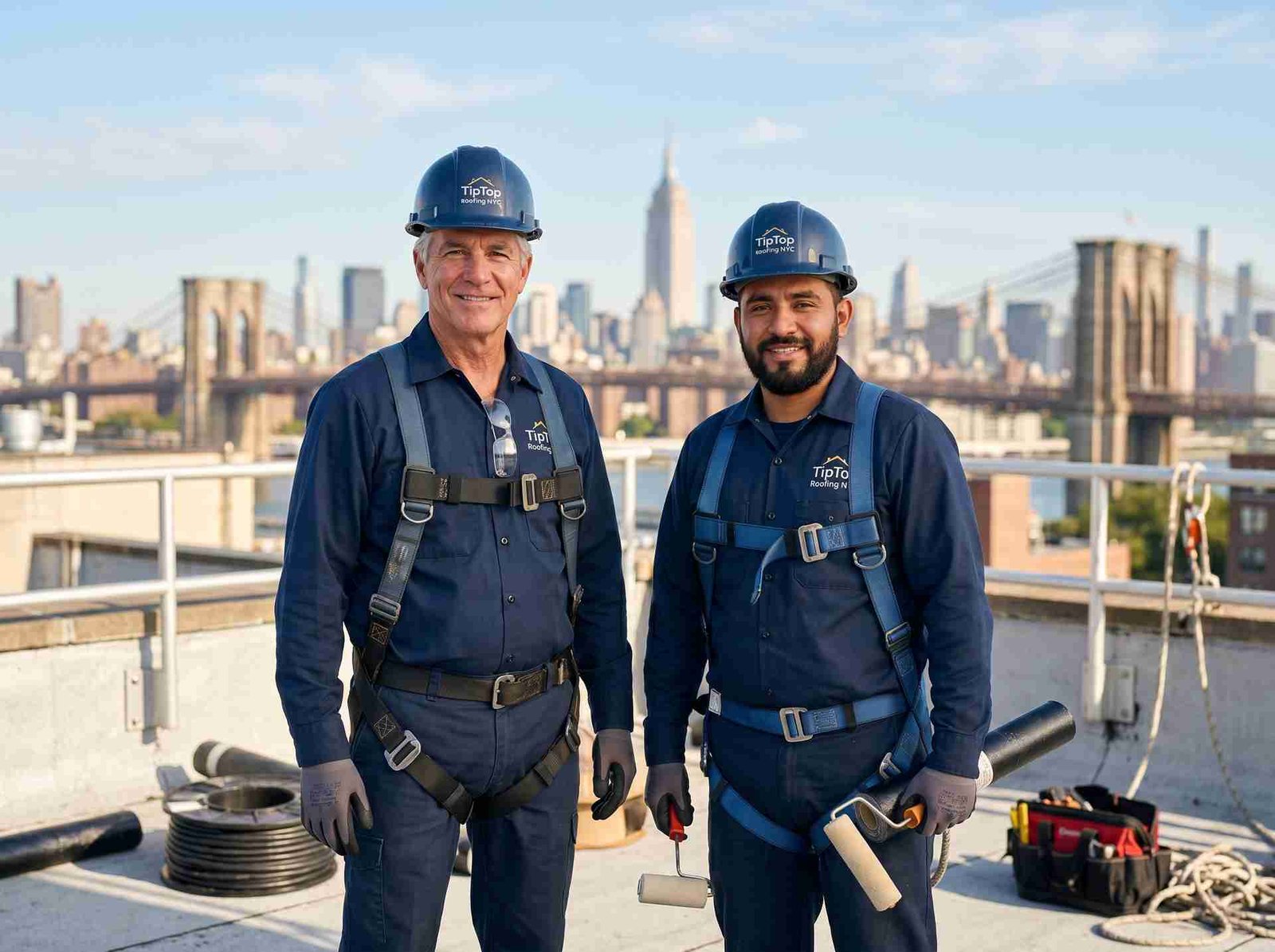 The founder of TipTop Roofing NYC standing with his team.