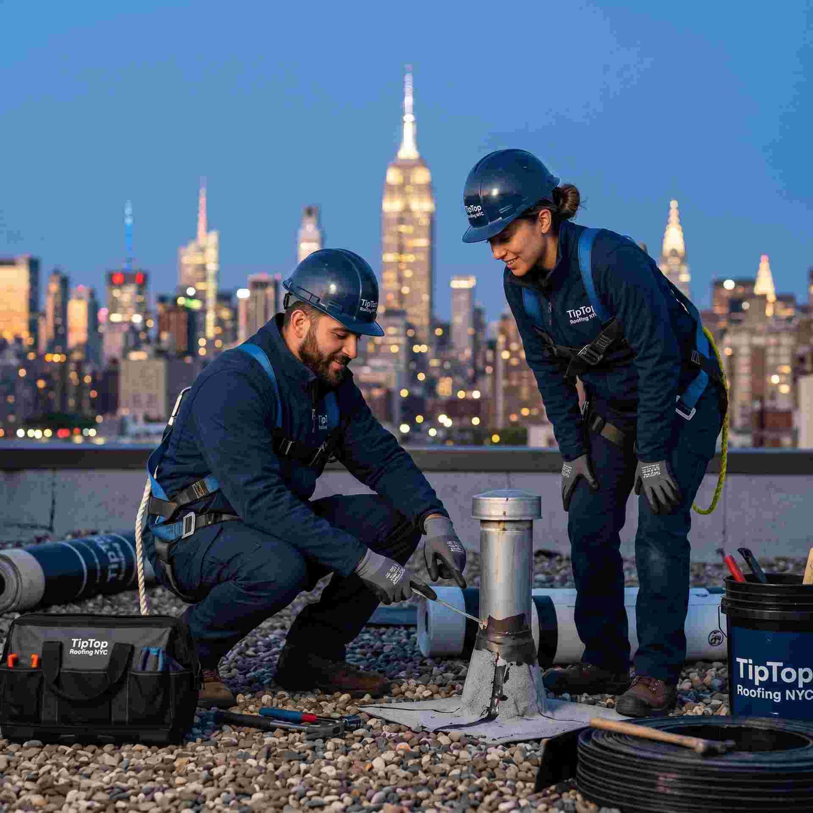 A team of TipTop Roofing NYC professionals working on a roof in New York City.